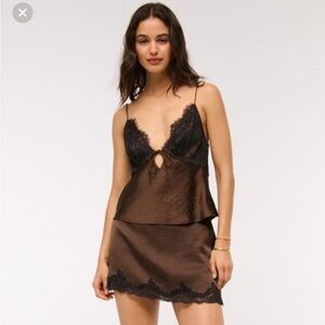 Abercrombie & Fitch Brown Satin Slip Skirt with Lace Trim